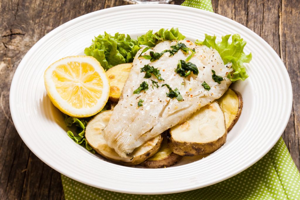 Herb-Crusted White Fish with Garlic Potatoes